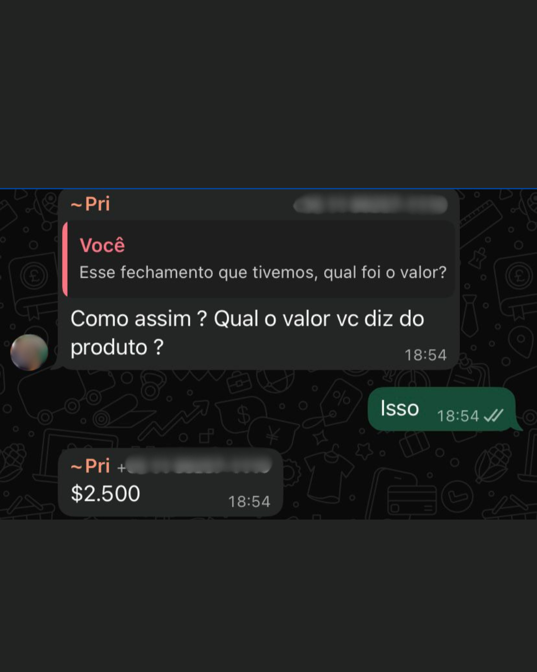 Confirmação de fechamento no valor de 2.500