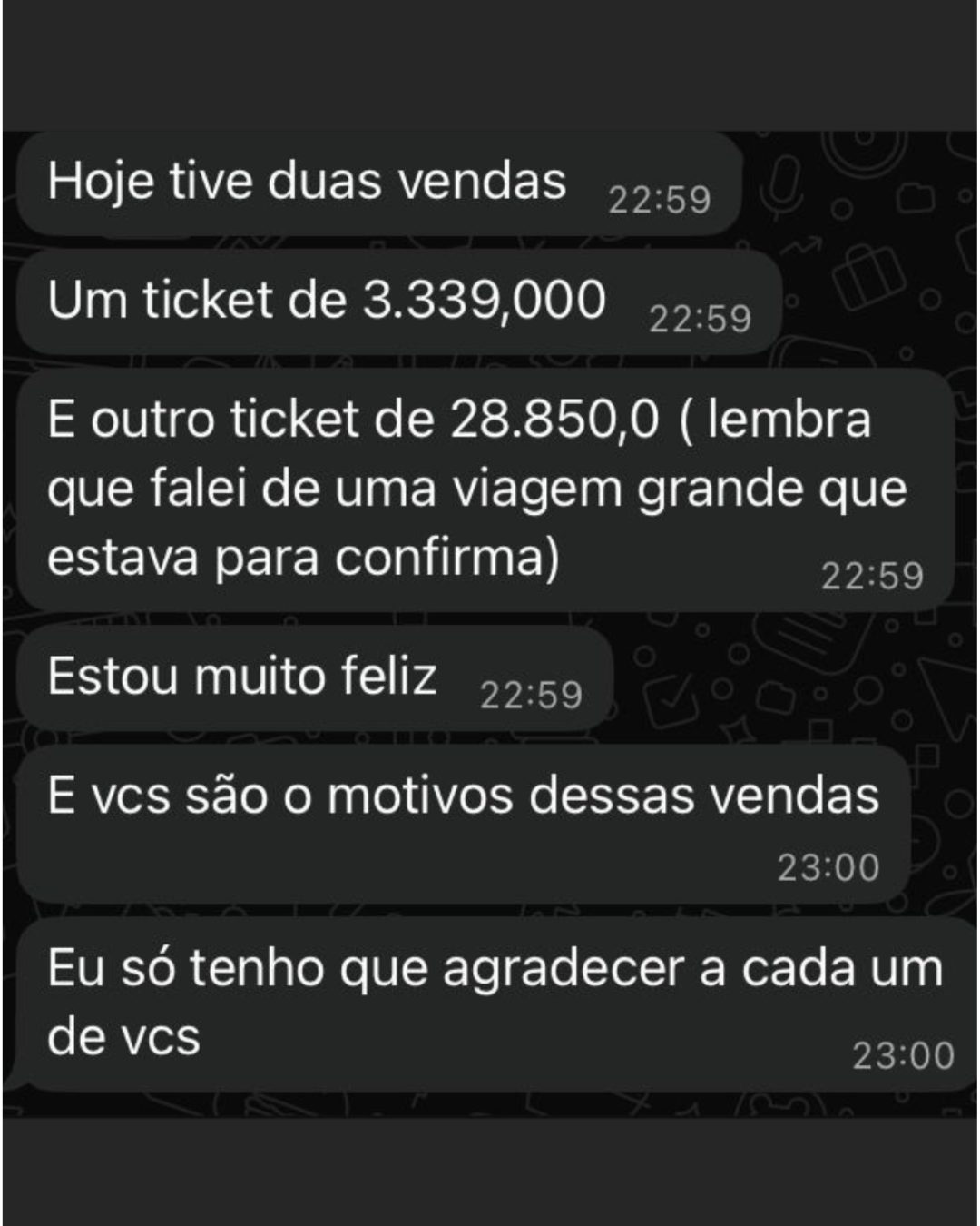 Relato de cliente sobre vendas nos valores de 3.339 e 28.850